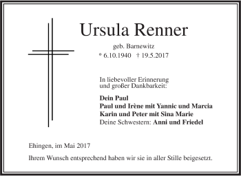 Traueranzeige von Ursula Renner von Ehinger Tagblatt