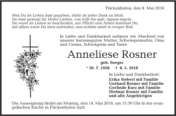 Traueranzeige von Anneliese Rosner von Rundschau Gaildorf