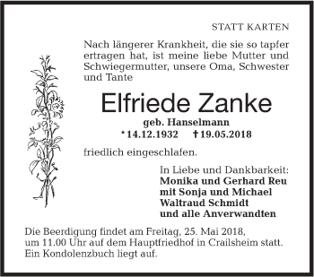 Traueranzeige von Elfriede Zanke von Hohenloher Tagblatt