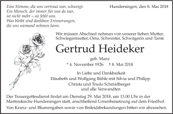 Traueranzeige von Gertrud Heideker von Alb-Bote/Metzinger-Uracher Volksblatt