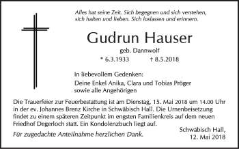 Traueranzeige von Gudrun Hauser von Haller Tagblatt