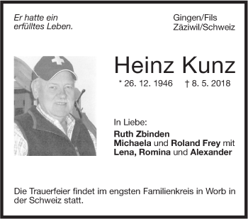 Traueranzeige von Heinz Kunz von Geislinger Zeitung