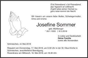 Traueranzeige von Josefine Sommer von Ehinger Tagblatt