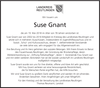 Traueranzeige von Suse Gnant von Metzinger-Uracher Volksblatt