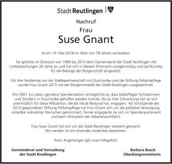 Traueranzeige von Suse Gnant von Metzinger-Uracher Volksblatt