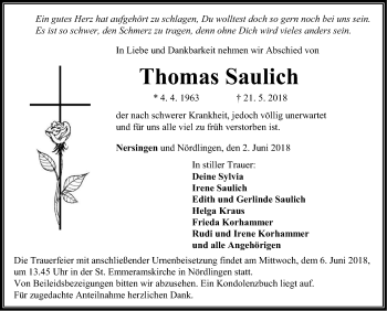 Traueranzeige von Thomas Saulich von SÜDWEST PRESSE Ausgabe Ulm/Neu-Ulm