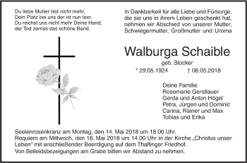 Traueranzeige von Walburga Schaible von SÜDWEST PRESSE Ausgabe Ulm/Neu-Ulm