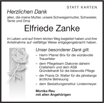 Traueranzeige von Elfriede Zanke von Hohenloher Tagblatt