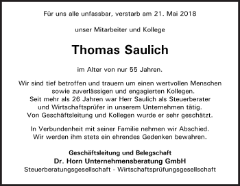Traueranzeige von Thomas Saulich von SÜDWEST PRESSE Ausgabe Ulm/Neu-Ulm