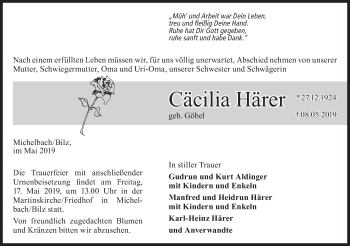 Traueranzeige von Cäcilia Härer von Haller Tagblatt