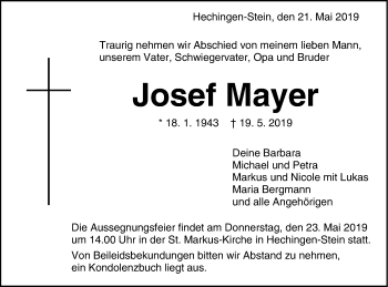 Traueranzeige von Josef Mayer von Hohenzollerische Zeitung