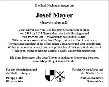 Traueranzeige von Josef Mayer von Hohenzollerische Zeitung