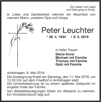 Traueranzeige von Peter Leuchter von Hohenloher Tagblatt
