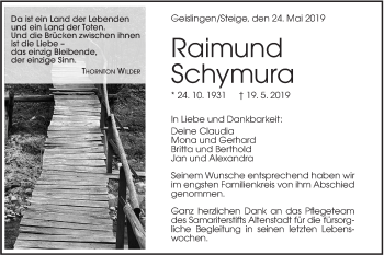 Traueranzeige von Raimund Schymura von Geislinger Zeitung