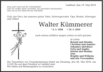 Traueranzeige von Walter Kümmerer von Haller Tagblatt/Rundschau Gaildorf