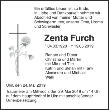 Traueranzeige von Zenta Furch von SÜDWEST PRESSE Ausgabe Ulm/Neu-Ulm