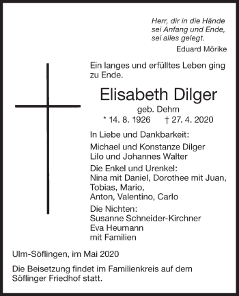 Traueranzeige von Elisabeth Dilger von SÜDWEST PRESSE Ausgabe Ulm/Neu-Ulm