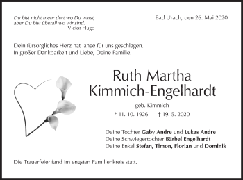 Traueranzeige von Ruth Martha Kimmich-Engelhardt von Metzinger-Uracher Volksblatt