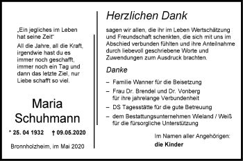 Traueranzeige von Maria Schumann von Hohenloher Tagblatt