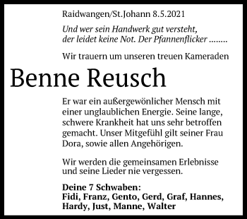 Traueranzeige von Benne Reusch von Metzinger-Uracher Volksblatt