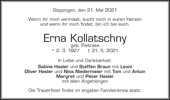 Traueranzeige von Erna Kollatschny von NWZ Neue Württembergische Zeitung
