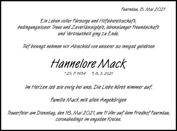 Traueranzeige von Hannelore Mack von NWZ Neue Württembergische Zeitung