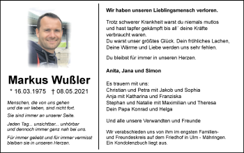 Traueranzeige von Markus Wußler von SÜDWEST PRESSE Ausgabe Ulm/Neu-Ulm