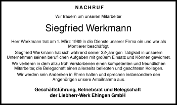 Traueranzeige von Siegfried Werkmann von SÜDWEST PRESSE Ausgabe Ulm/Neu-Ulm