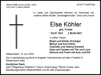 Traueranzeige von Else Köhler von Hohenloher Tagblatt