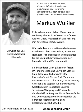 Traueranzeige von Markus Wußler von SÜDWEST PRESSE Ausgabe Ulm/Neu-Ulm