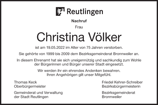 Traueranzeige von Christina Völker von Metzinger-Uracher Volksblatt