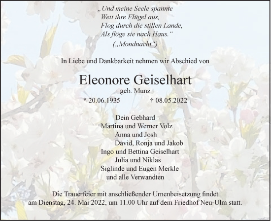Traueranzeige von Eleonore Geiselhart von SÜDWEST PRESSE Ausgabe Ulm/Neu-Ulm