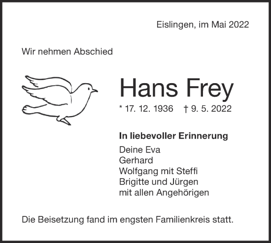 Traueranzeige von Hans Frey von NWZ Neue Württembergische Zeitung