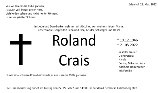 Traueranzeige von Roland Crais von Rundschau Gaildorf