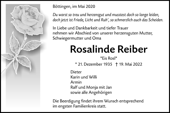 Traueranzeige von Rosalinde Reiber von Alb-Bote/Metzinger-Uracher Volksblatt