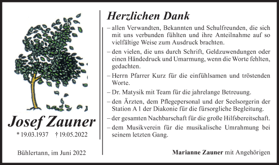 Traueranzeige von Josef Zauner von Haller Tagblatt