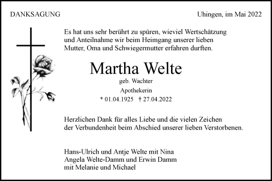 Traueranzeige von Martha Welte von NWZ Neue Württembergische Zeitung
