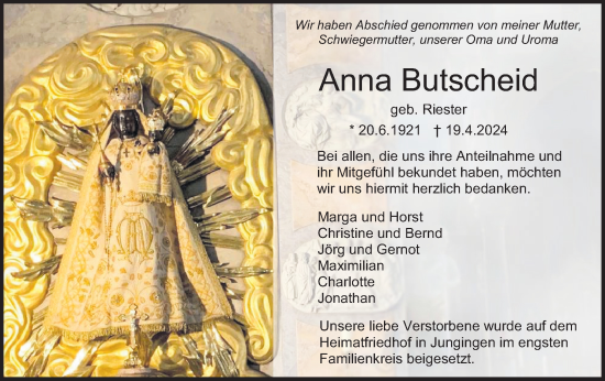 Traueranzeige von Anna Butscheid von SÜDWEST PRESSE Zollernalbkreis/Hohenzollerische Zeitung
