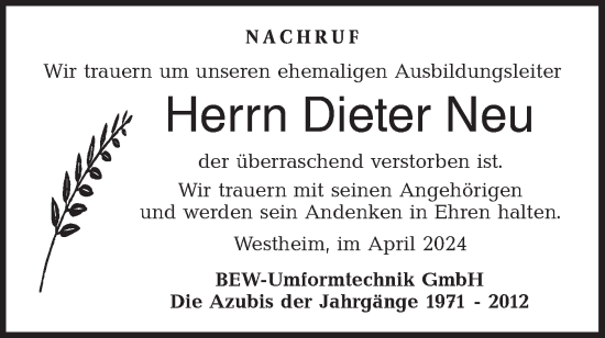 Traueranzeige von Dieter Neu von Haller Tagblatt