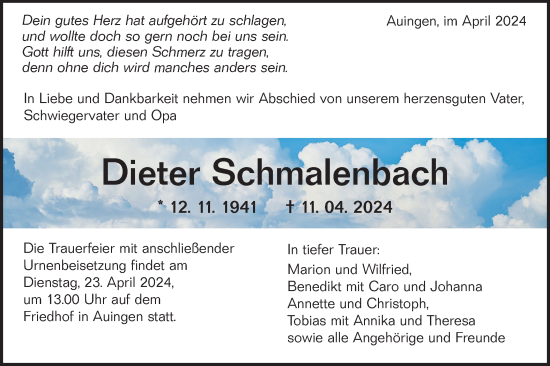 Traueranzeige von Dieter Schmalenbach von Alb-Bote/Metzinger-Uracher Volksblatt
