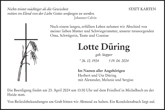 Traueranzeige von Lotte Düring von Hohenloher Tagblatt