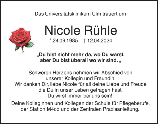 Traueranzeige von Nicole Rühle von SÜDWEST PRESSE Ausgabe Ulm/Neu-Ulm