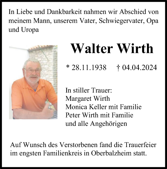 Traueranzeige von Walter Wirth von SÜDWEST PRESSE Ausgabe Ulm/Neu-Ulm