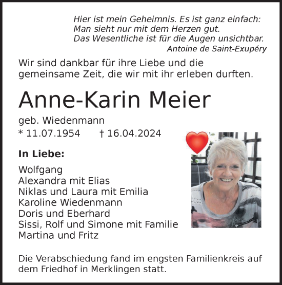 Traueranzeige von Anne-Karin Meier von SÜDWEST PRESSE Ausgabe Ulm/Neu-Ulm