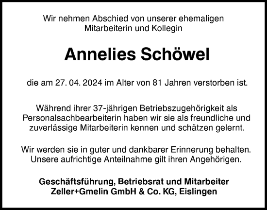 Traueranzeige von Annelies Schöwel von NWZ Neue Württembergische Zeitung