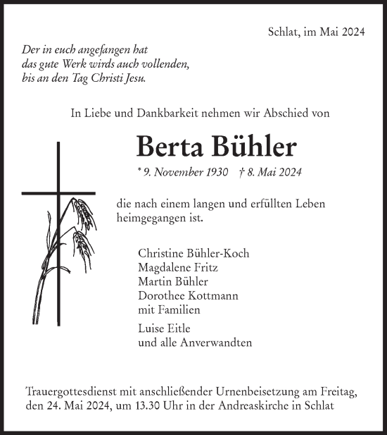 Traueranzeige von Berta Bühler von NWZ Neue Württembergische Zeitung