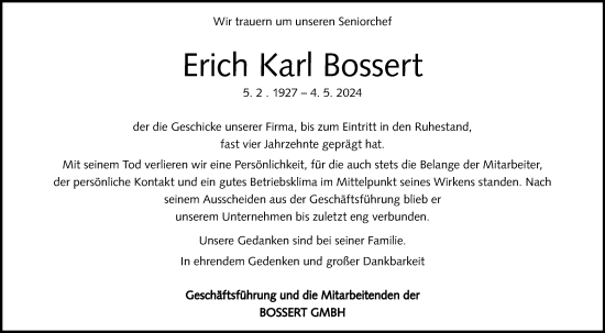 Traueranzeige von Erich Karl Bossert von Geislinger Zeitung
