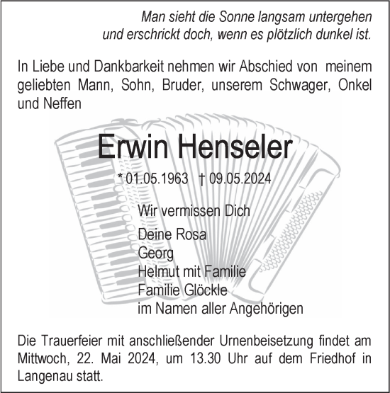 Traueranzeige von Erwin Henseler von SÜDWEST PRESSE Ausgabe Ulm/Neu-Ulm