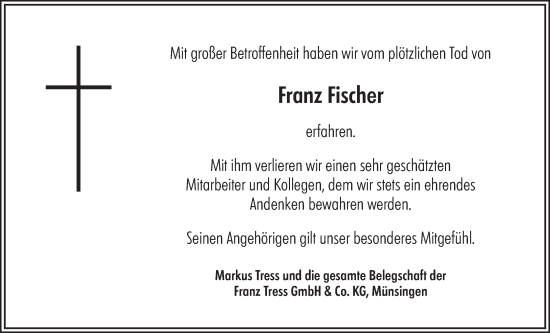 Traueranzeige von Franz Fischer von Alb-Bote/Metzinger-Uracher Volksblatt/Alb-Bote/Metzinger-Uracher Volksblatt