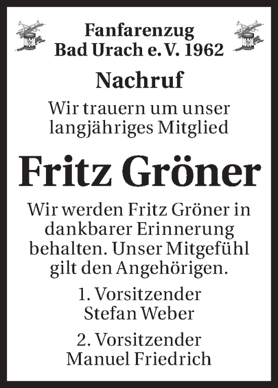 Traueranzeige von Fritz Gröner von Alb-Bote/Metzinger-Uracher Volksblatt